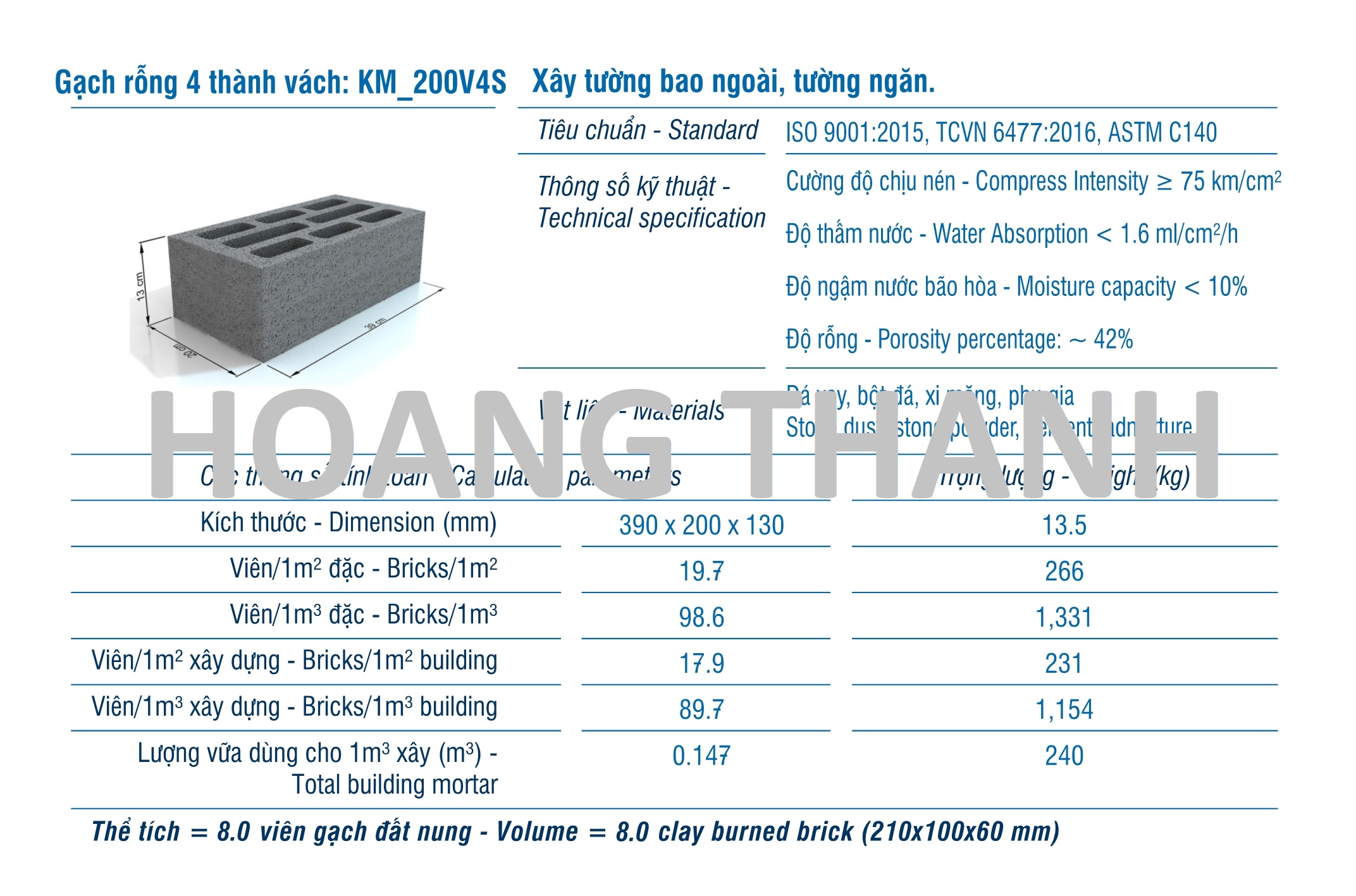 Gạch XMCL cao 130 xây tường rỗng 150mm